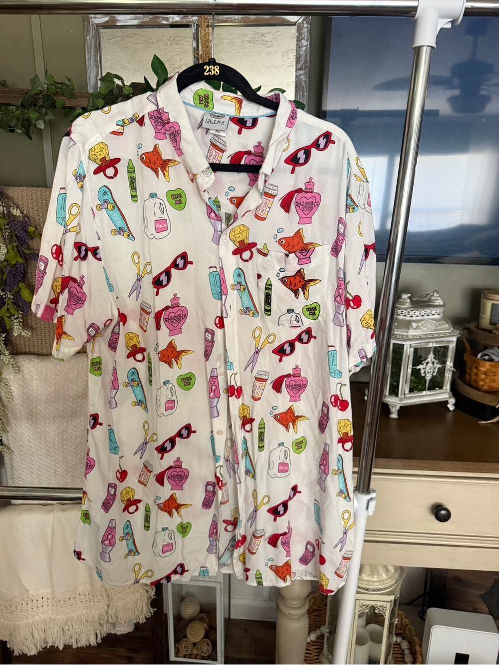 White Short-Sleeve Casual Button-Down Shirt with Colorful Novelty Print